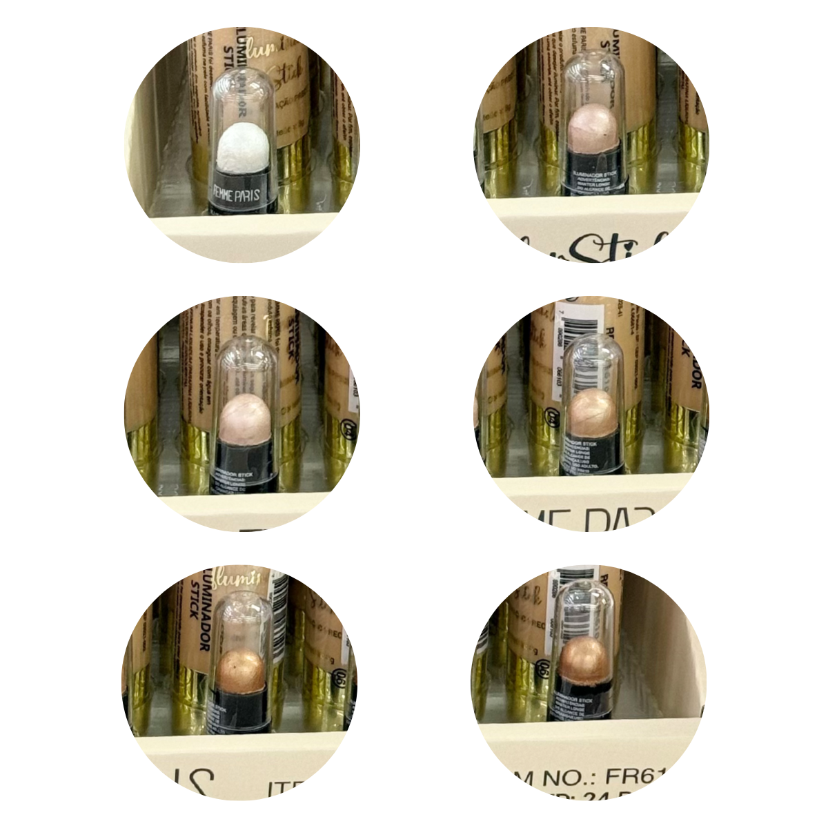 ATACADO: Iluminador Stick Femme Paris – Box com 24 Peças – 6 Tonalidades – FR610