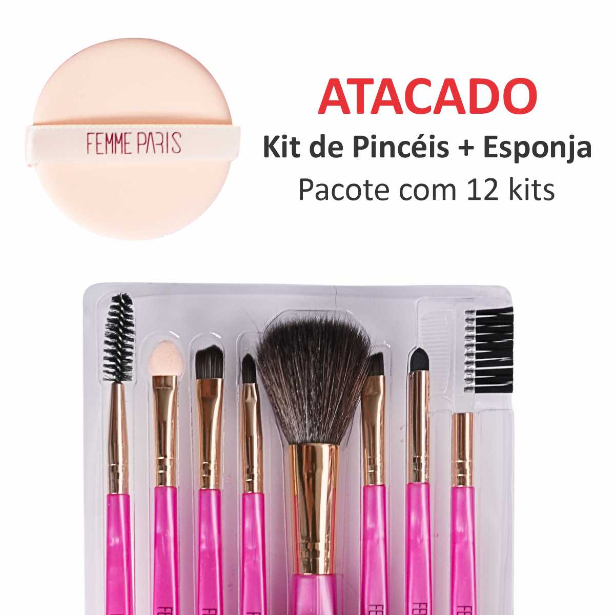 Kit de Pincéis para Maquiagem Femme Paris – Pacote com 12 Kits - FM2002
