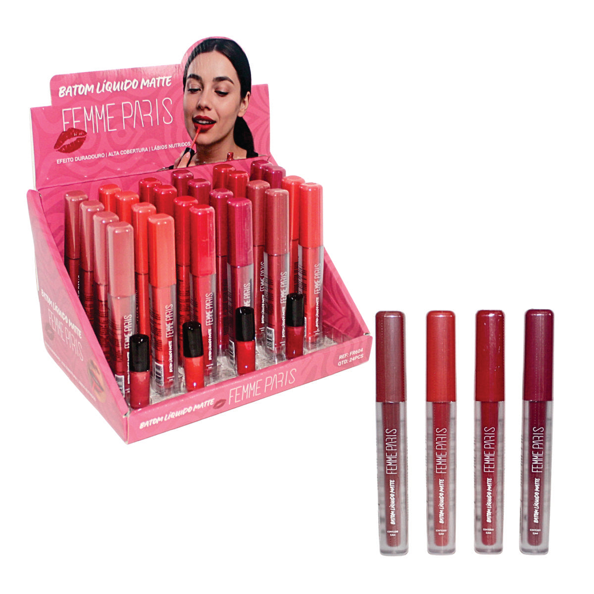 Batom Líquido Matte Femme Paris – Caixa com 24 Unidades (Cores Variadas) – FR604