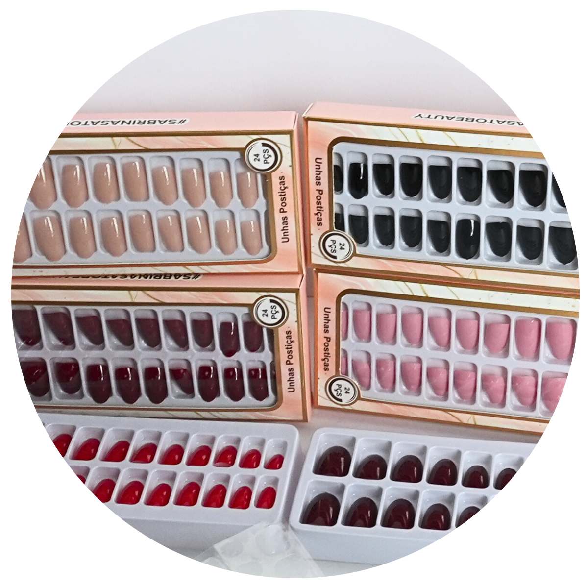 Unhas Postiças Sabrina Sato SP1244 Pacote com 12 Caixas cores variadas, acomapanha adesivo auto colante
