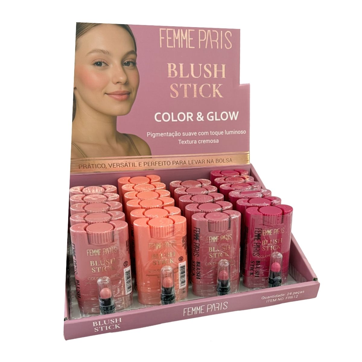 ATACADO: Blush Stick Femme Paris – Box  24 Peças – 4 Tons – Textura Cremosa Color & Glow FR612