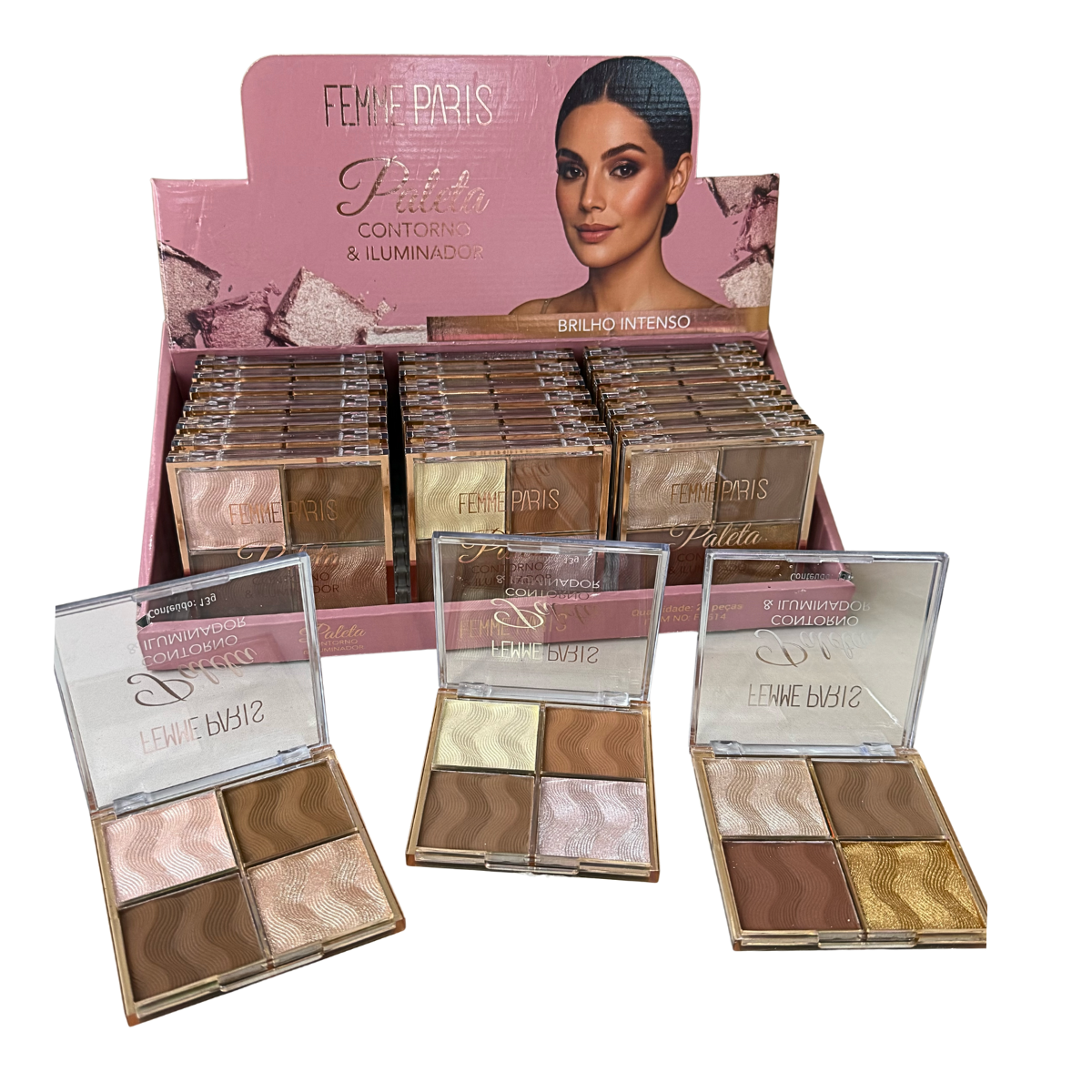 ATACADO: Paleta Femme Paris Contorno e Iluminador – Box com 24 Peças – 3 Tonalidades – FR614