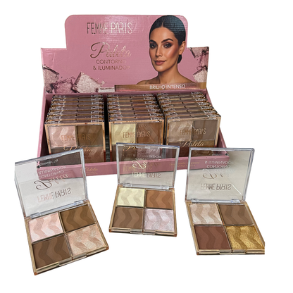 ATACADO: Paleta Femme Paris Contorno e Iluminador – Box com 24 Peças – 3 Tonalidades – FR614