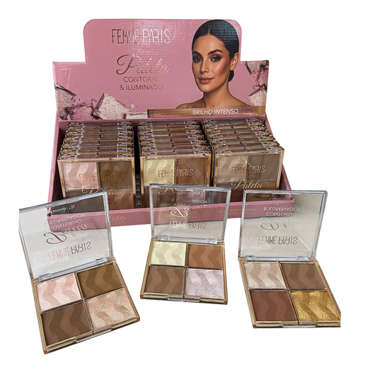 ATACADO: Paleta Femme Paris Contorno e Iluminador – Box com 24 Peças – 3 Tonalidades – FR614