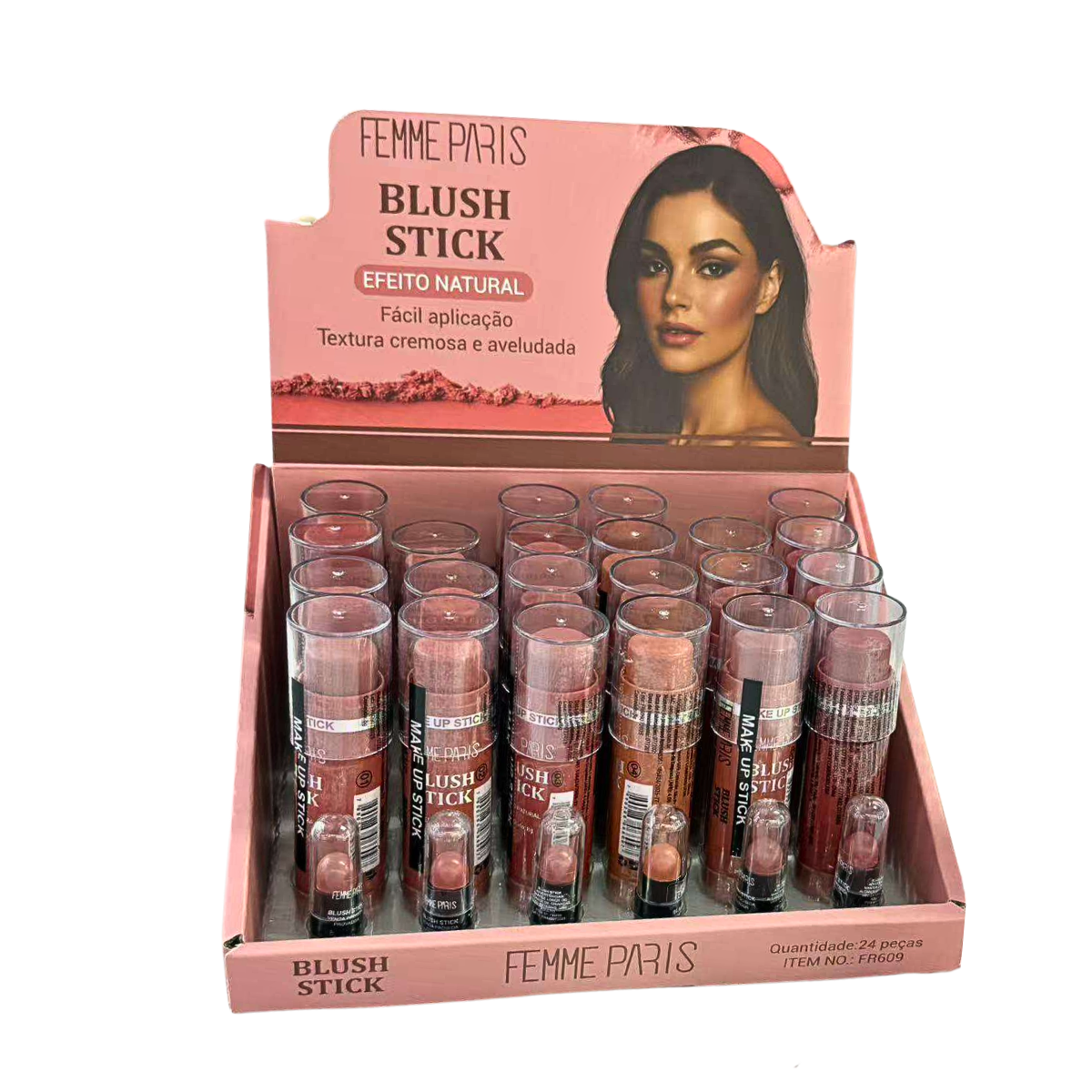 ATACADO: Blush Stick Femme Paris – Box com 24 Peças – 6 Tonalidades – FR609