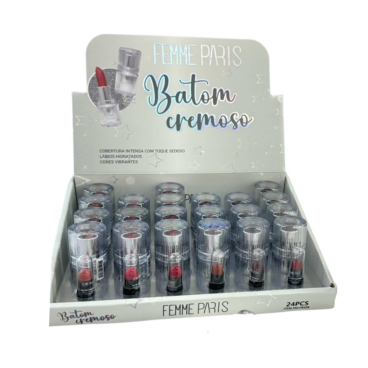 ATACADO: Batom Cremoso Femme Paris – Box com 24 Peças – 6 Tonalidades – FR608