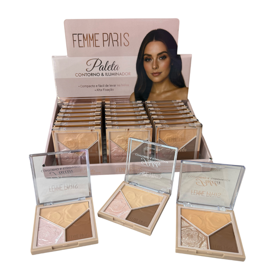 ATACADO: Paleta Blush e Iluminador Femme Paris – FR615 – Box com 24 Peças – 3 Tonalidades