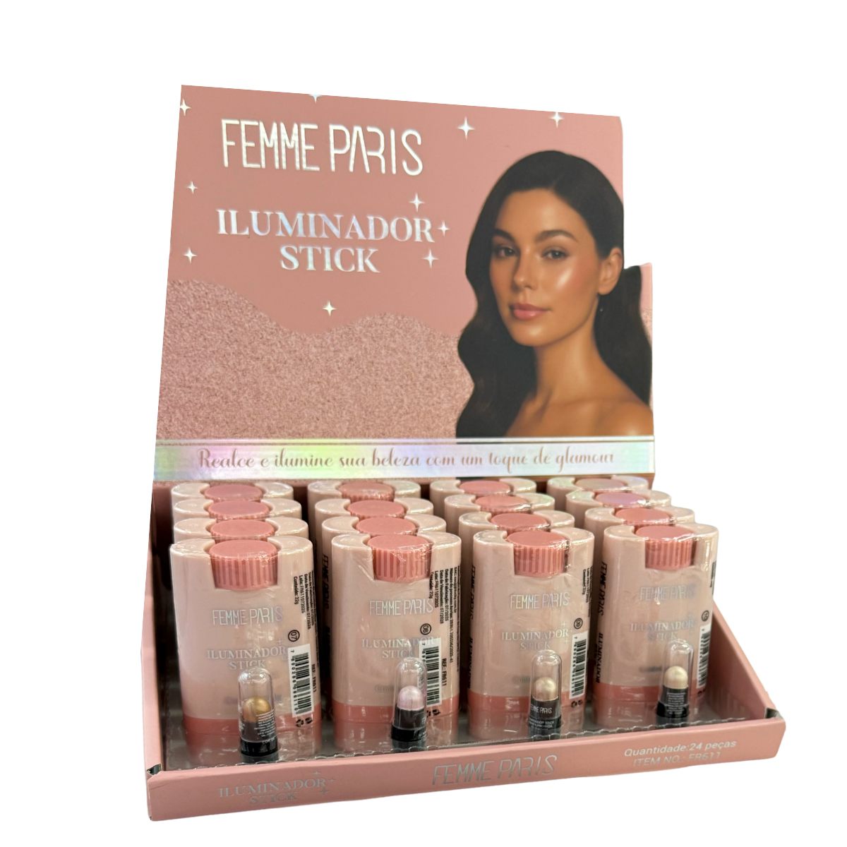 ATACADO: Iluminador Stick Femme Paris – Box com 24 Peças – 4 Cores – Glow e Glamour - FR611