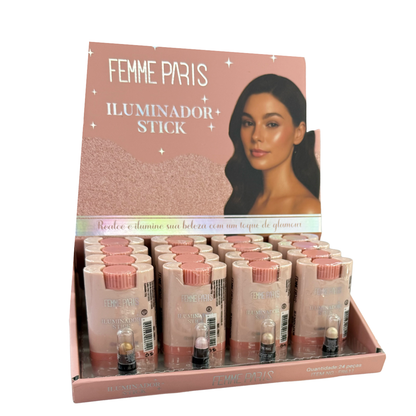 ATACADO: Iluminador Stick Femme Paris – Box com 24 Peças – 4 Cores – Glow e Glamour - FR611