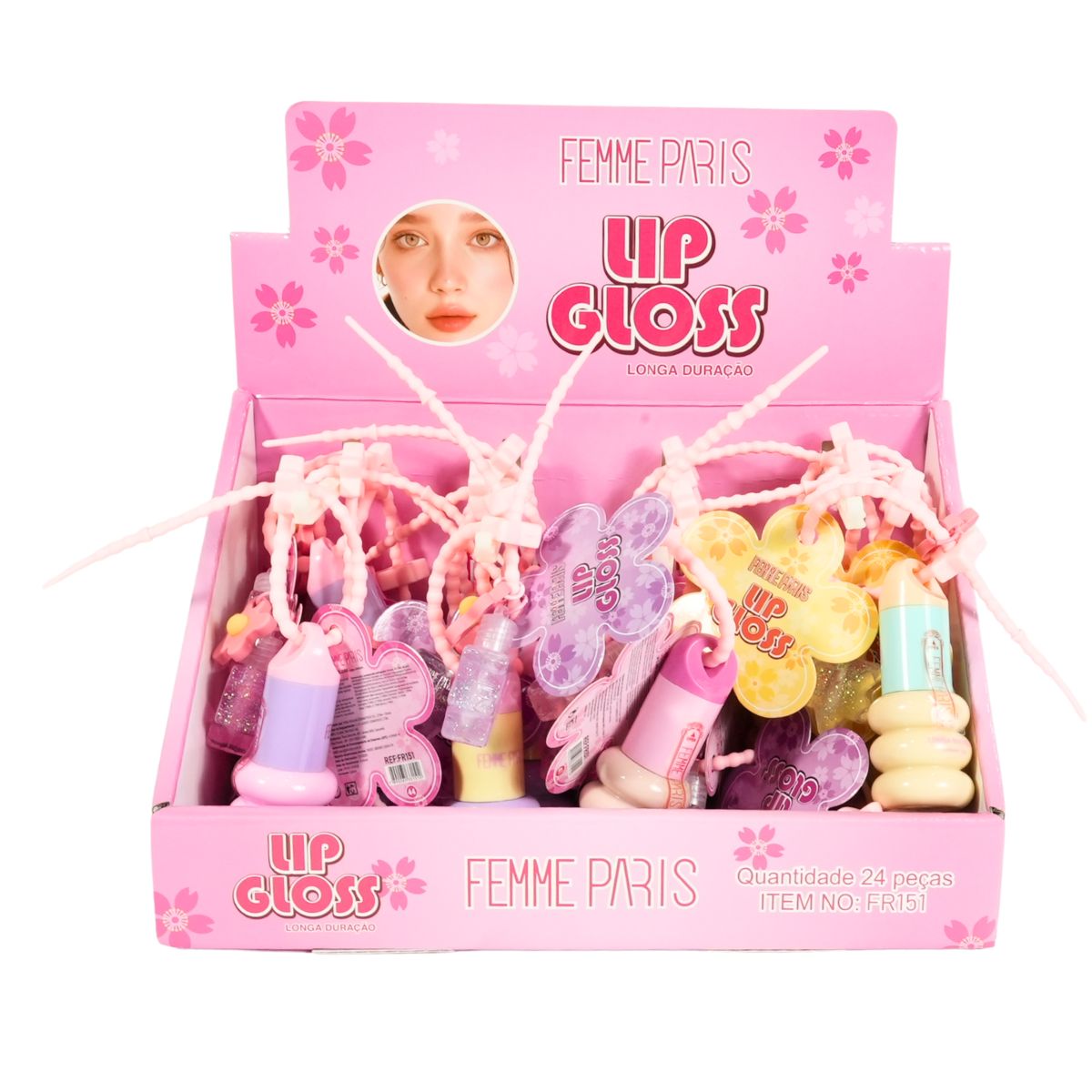 Lip Gloss com Chaveiro e Mini Gloss Femme Paris – Box com 24 Peças – FR151