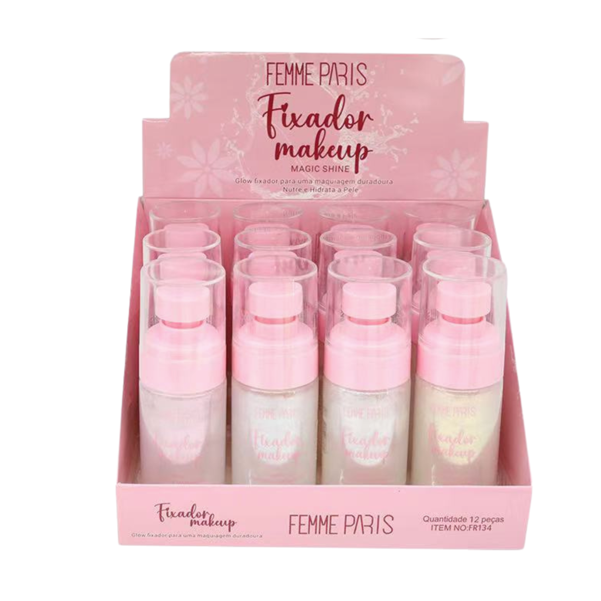 ATACADO: Bruma Fixadora com Brilho Femme Paris – FR134 Box com 12 Peças – Glow & Alta Fixação