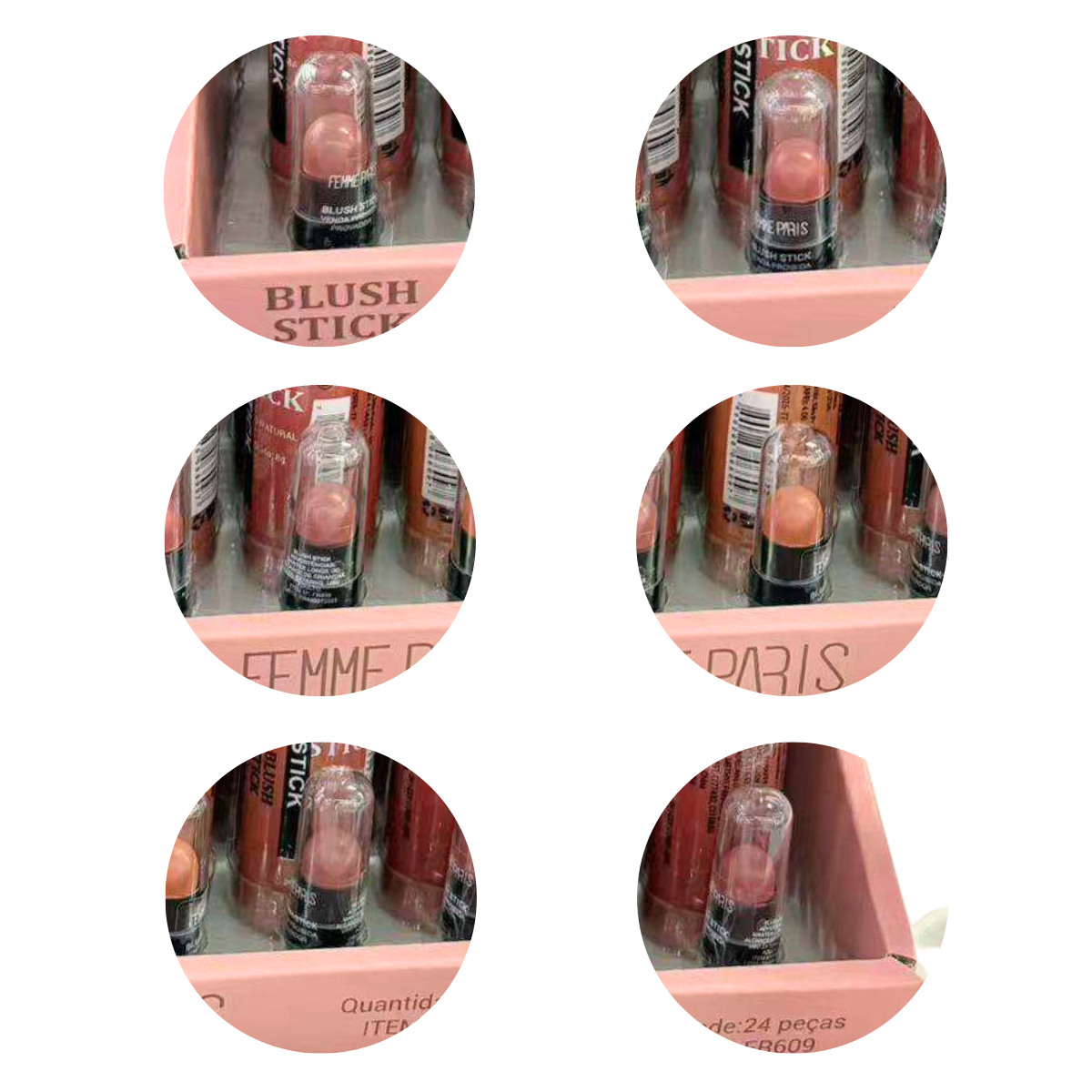 ATACADO: Blush Stick Femme Paris – Box com 24 Peças – 6 Tonalidades – FR609