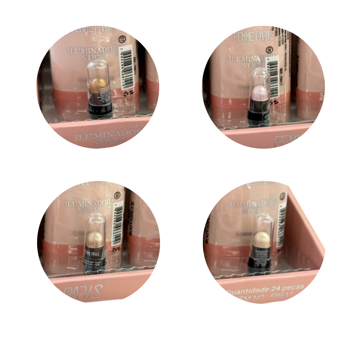 ATACADO: Iluminador Stick Femme Paris – Box com 24 Peças – 4 Cores – Glow e Glamour - FR611