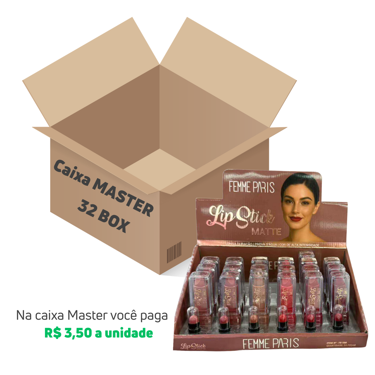 CAIXA MASTER - Batom Lip Stick Matte Femme Paris – FB002  - 32 BOX