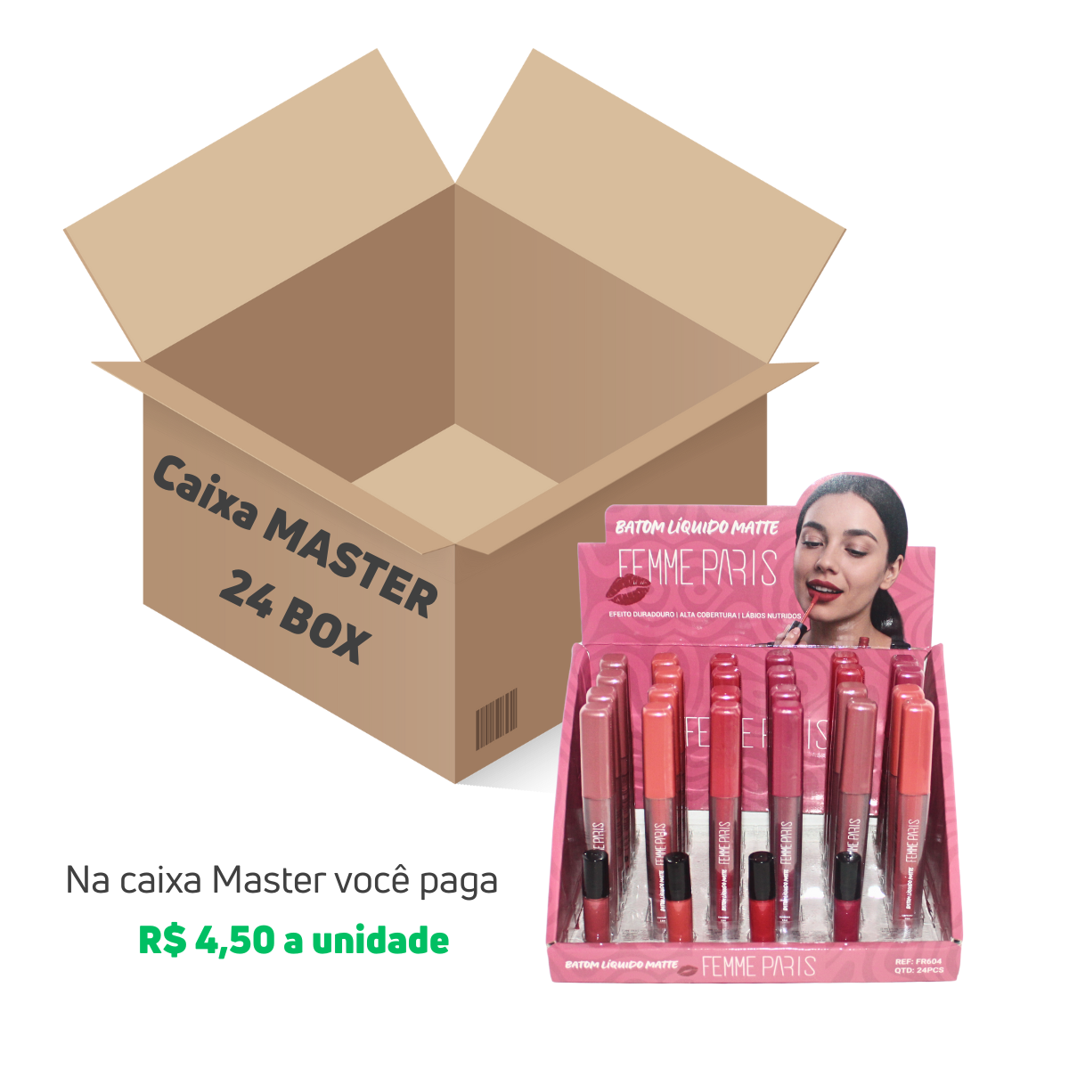 CAIXA MASTER 24 Box - Batom Líquido Matte Femme Paris – Cada Box com 24 pçs FR604CM
