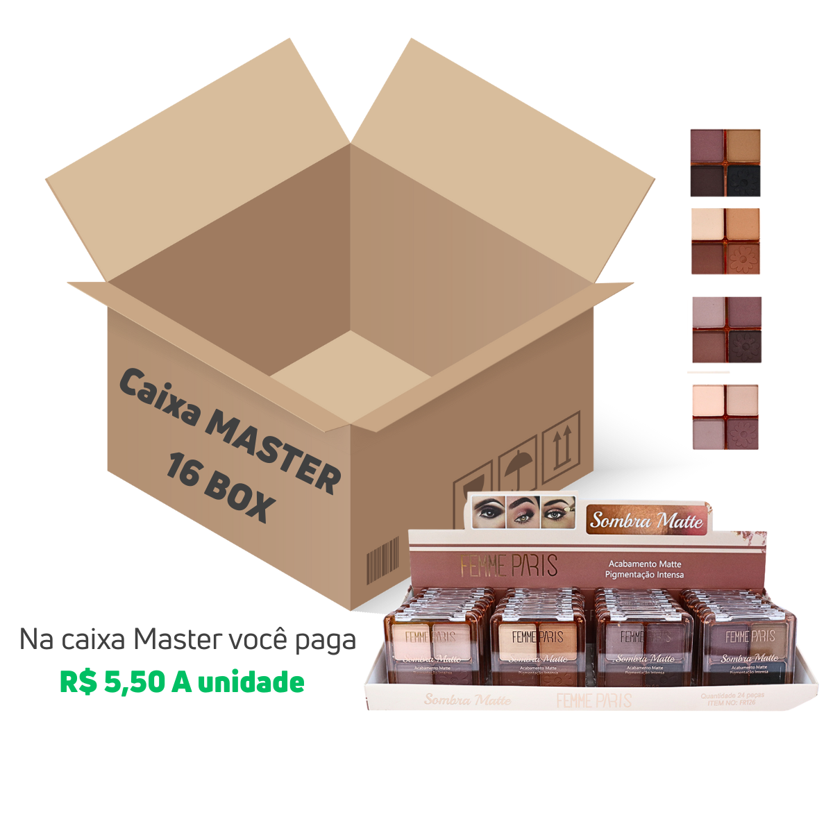 CAIXA MASTER 16 BOX - Paleta de Sombras Matte Femme Paris FR126CM