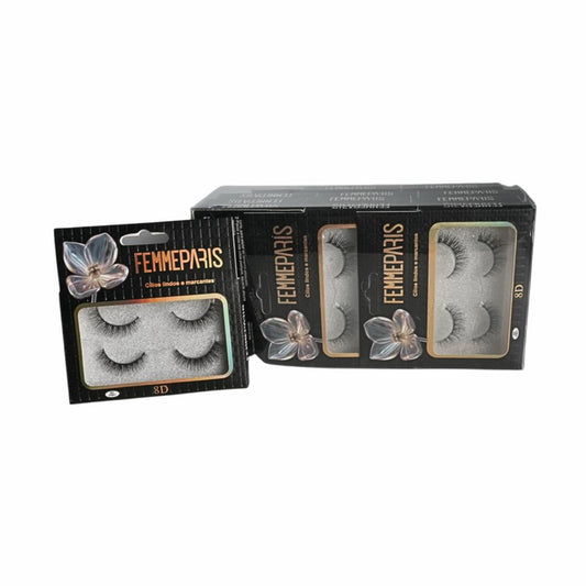 Cílios Postiços 8D Femme Paris – Caixa com 12 Unidades (2 pares por embalagem) FM1015