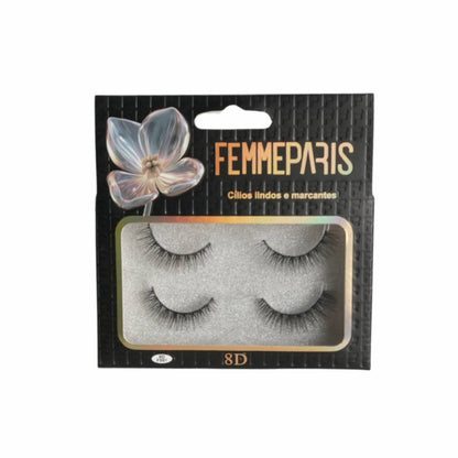 Cílios Postiços 8D Femme Paris – Caixa com 12 Unidades (2 pares por embalagem) FM1015