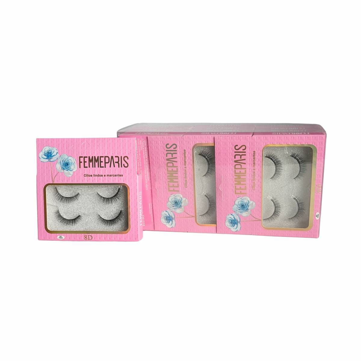 Cílios Postiços 8D Femme Paris – Caixa com 12 Embalagens (2 pares por unidade) - Romance FM1016