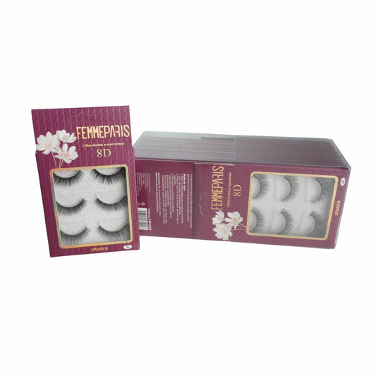 Cílios Postiços 8D Femme Paris – Caixa com 12 Embalagens (3 pares cada) Modelo FM1022