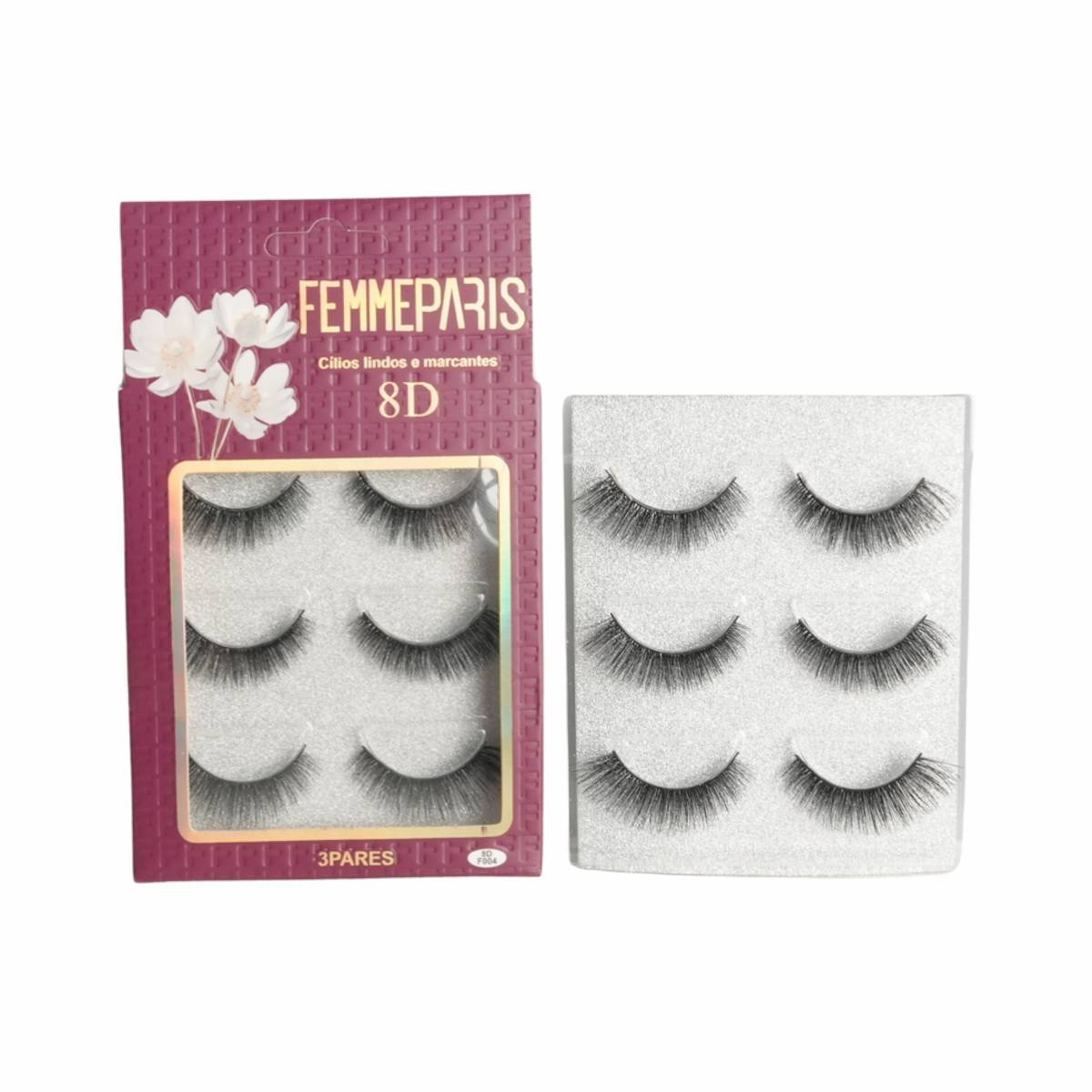 Cílios Postiços 8D Femme Paris – Caixa com 12 Embalagens (3 pares cada) Modelo FM1022