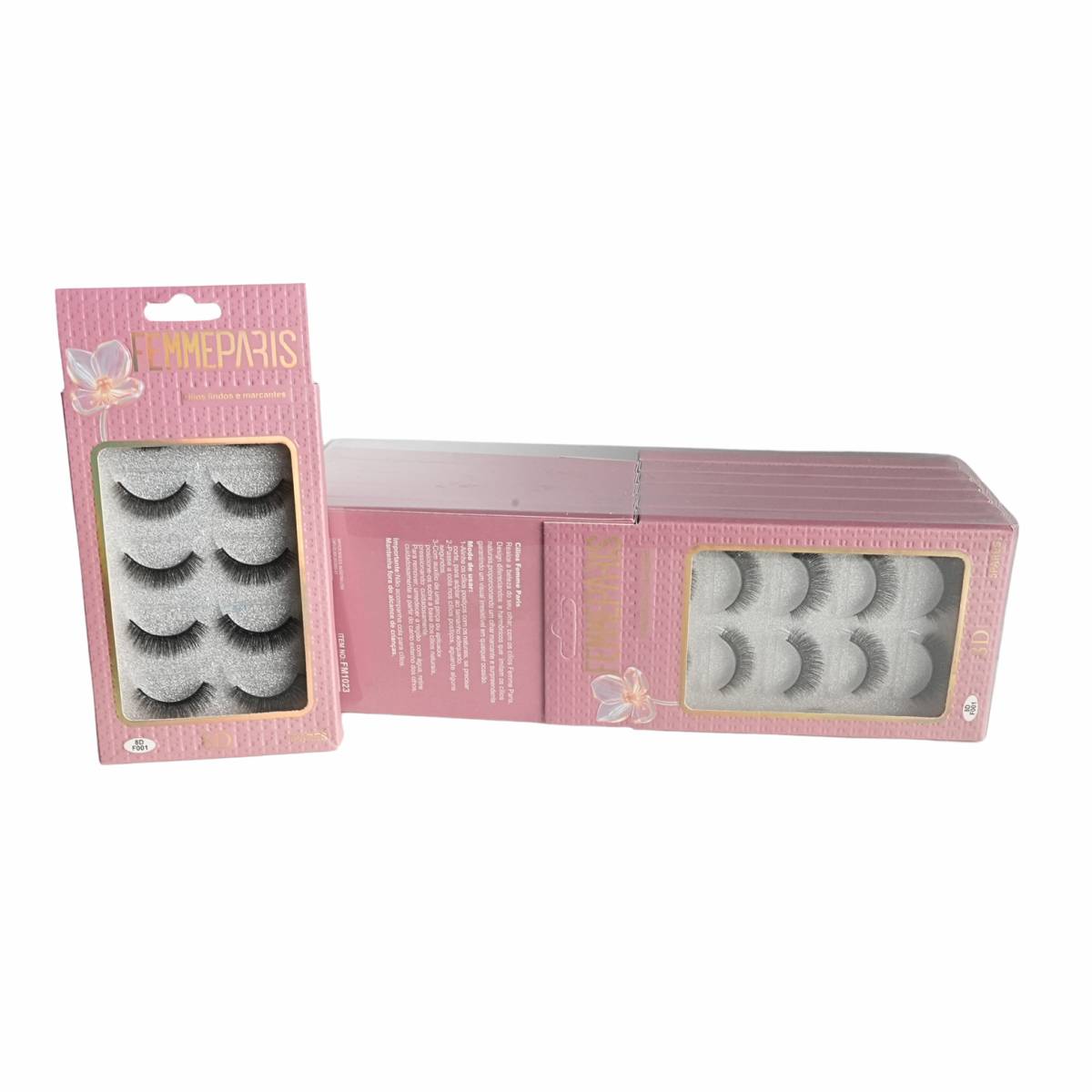 Cílios Postiços Femme Paris 8D – Caixa com 12 Caixinhas (5 Pares Cada) – Modelo FM1023