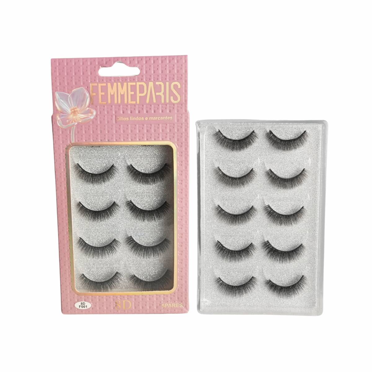 Cílios Postiços Femme Paris 8D – Caixa com 12 Caixinhas (5 Pares Cada) – Modelo FM1023