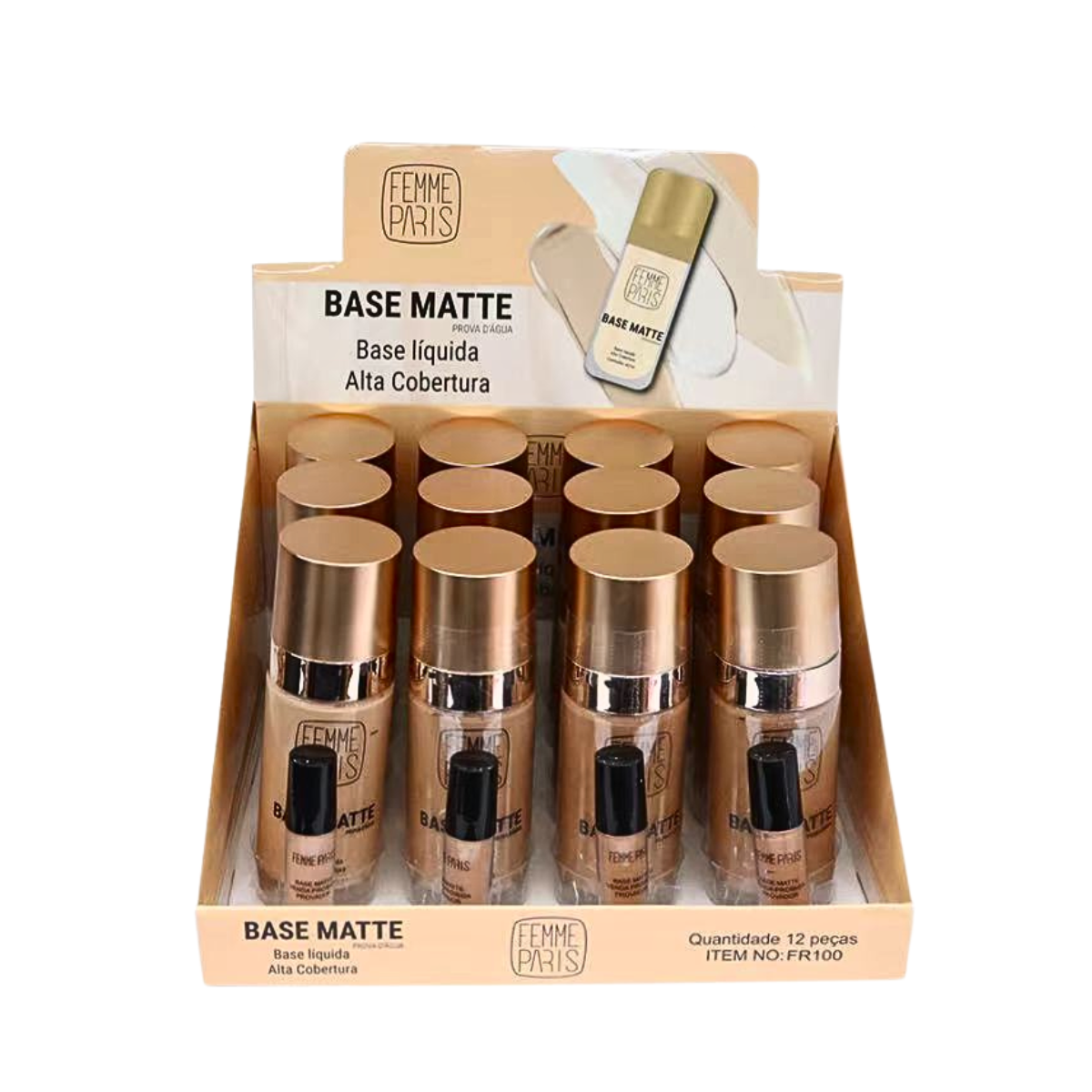 BOX: Base Líquida Matte Femme Paris  Frasco de Vidro 40ml (Caixa com 12 Unidades) - FR100