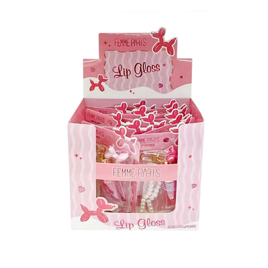 BOX: Lip Gloss com Chaveiro Femme Paris – Caixa com 12 pçs (15g) | Brilho Labial Charmoso FR130