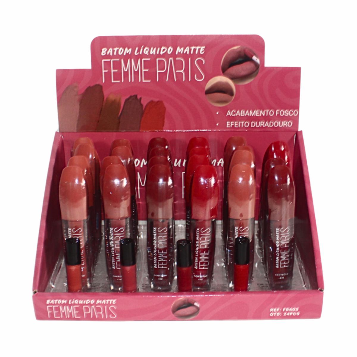 CAIXA MASTER 24 Peças - Batom Líquido Matte Femme Paris – Box com 24 Unidades FR603CM