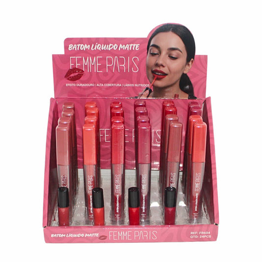 Batom Líquido Matte Femme Paris – Caixa com 24 Unidades (Cores Variadas) – FR604