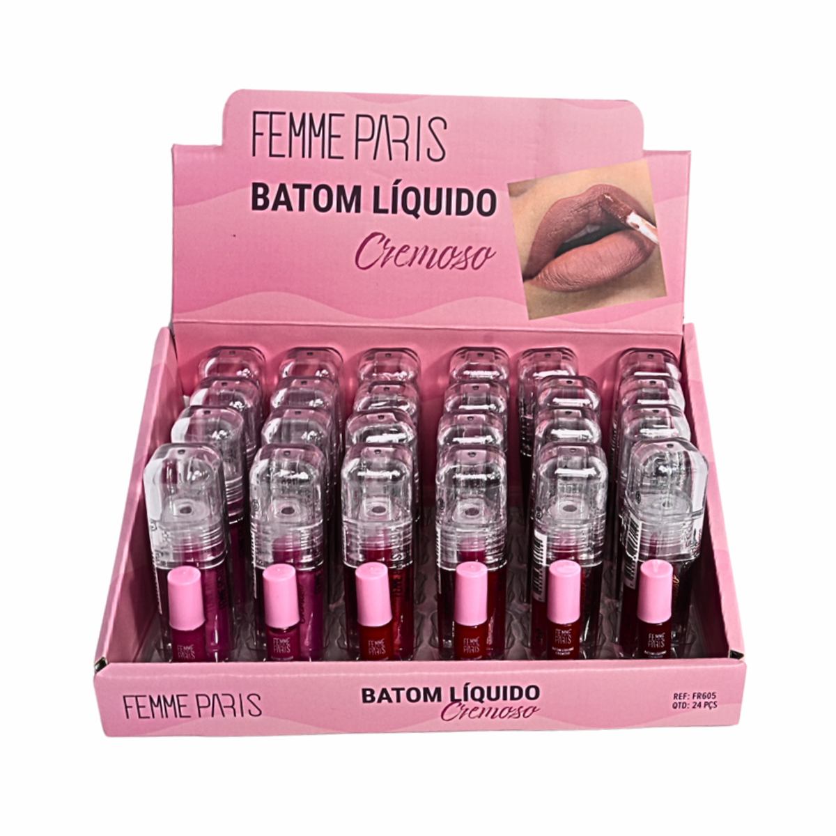 Box: Batom Líquido Cremoso Femme Paris – Caixa com 24 Unidades (Cores Variadas) – FR605