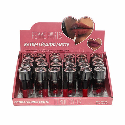 Batom Líquido Matte Femme Paris – Caixa com 24 Unidades (Cores Variadas) – FR606