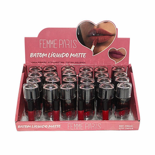 Batom Líquido Matte Femme Paris – Caixa com 24 Unidades (Cores Variadas) – FR606
