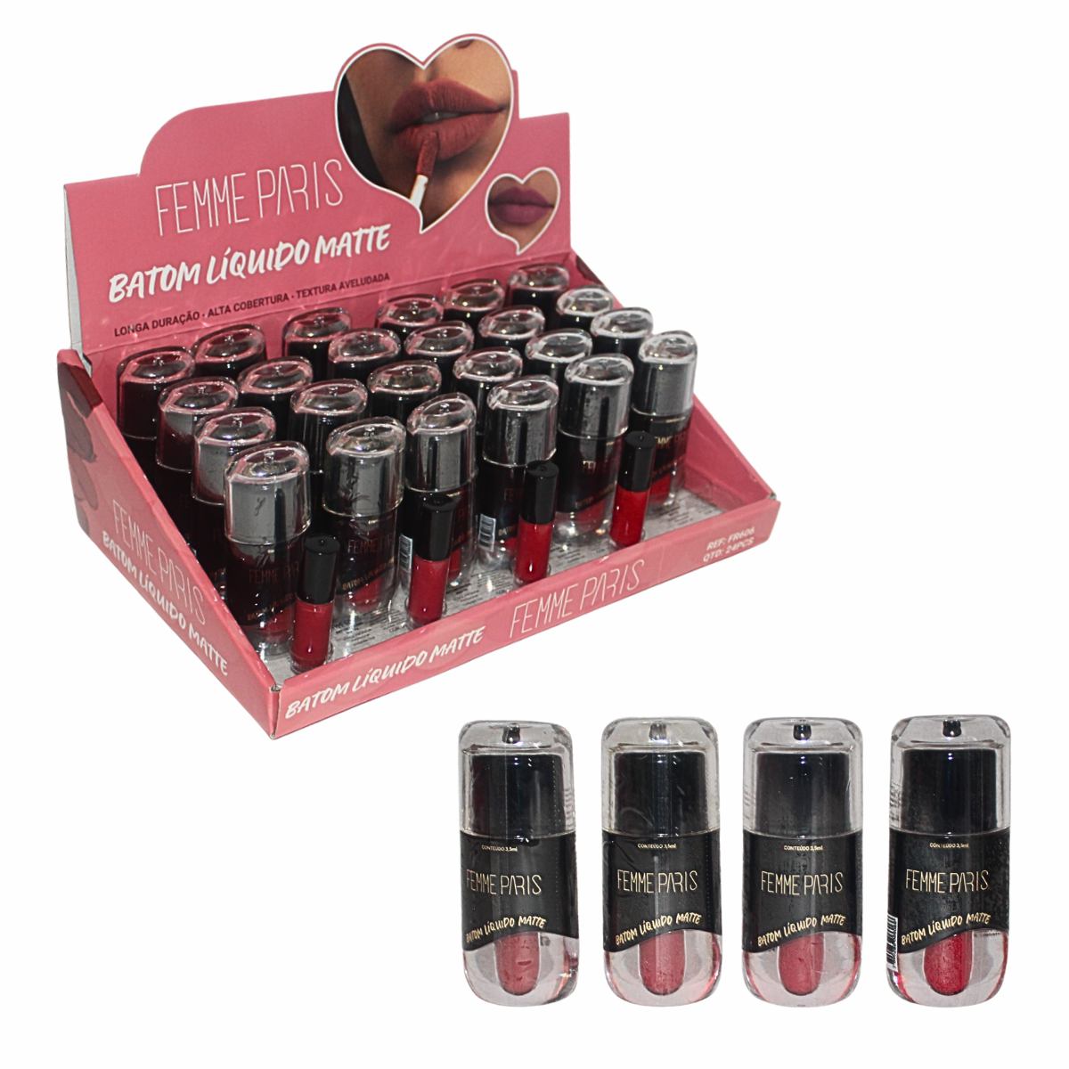 Batom Líquido Matte Femme Paris – Caixa com 24 Unidades (Cores Variadas) – FR606
