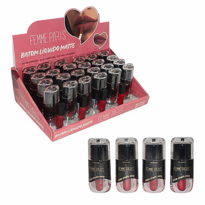 Batom Líquido Matte Femme Paris – Caixa com 24 Unidades (Cores Variadas) – FR606