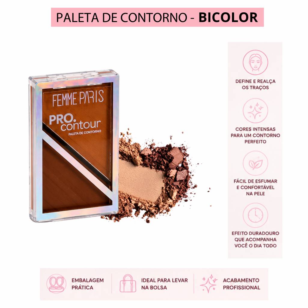 ATACADO: Pro Contour Paleta de Contorno Bicolor Femme Paris – Box com 24 Peças – FR621