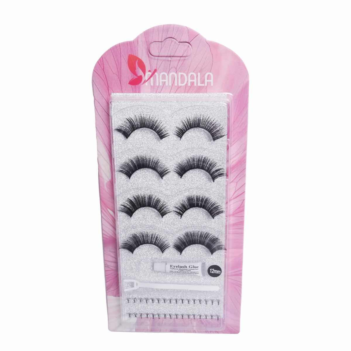 Cílios Postiços Mandala – 4 Pares com Cola, Tufinhos e Aplicador – Modelo MC007