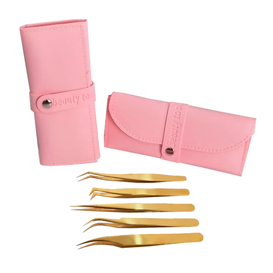 Kit 5 Pinças Dourada Curva Curvada Reta Semicurva 45ºextensão de Cílios fio a fio Volume Russo