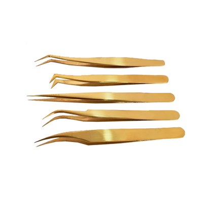 Kit 5 Pinças Dourada Curva Curvada Reta Semicurva 45ºextensão de Cílios fio a fio Volume Russo