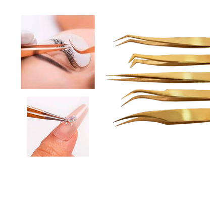 Kit 5 Pinças Dourada Curva Curvada Reta Semicurva 45ºextensão de Cílios fio a fio Volume Russo