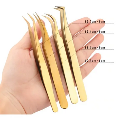 Kit 5 Pinças Dourada Curva Curvada Reta Semicurva 45ºextensão de Cílios fio a fio Volume Russo
