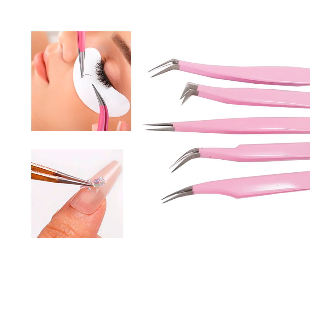 Kit 5 Pinças Rosa Curva Curvada Reta Semicurva 45ºextensão de Cílios Volume Russo Case Rosa