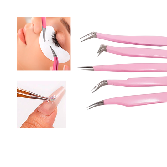 Kit 5 Pinças Rosa Curva Curvada Reta Semicurva 45ºextensão de Cílios Volume Russo Case Rosa