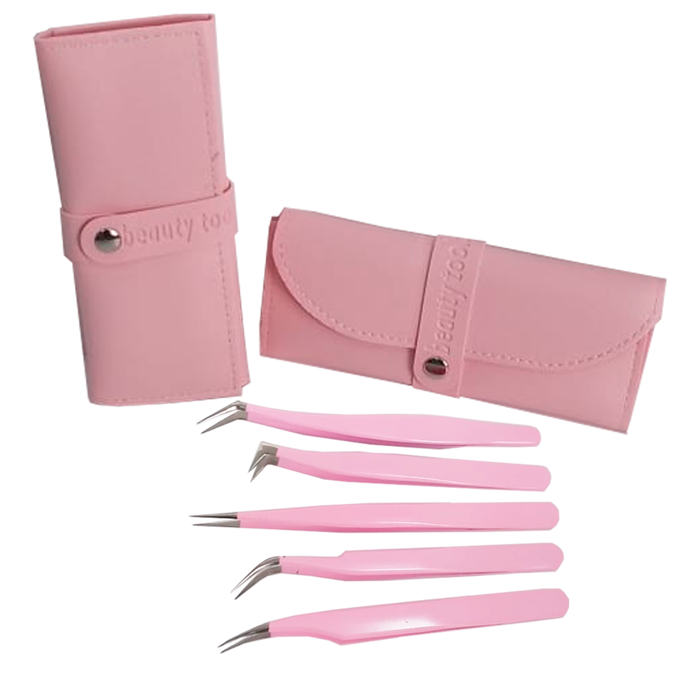 Kit 5 Pinças Rosa Curva Curvada Reta Semicurva 45ºextensão de Cílios Volume Russo Case Rosa