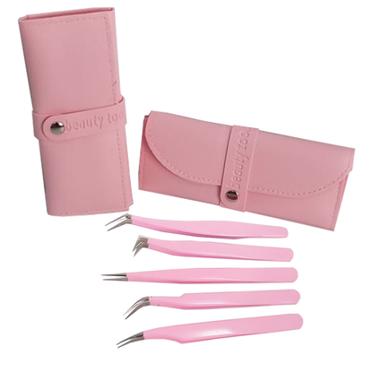 Kit 5 Pinças Rosa Curva Curvada Reta Semicurva 45ºextensão de Cílios Volume Russo Case Rosa