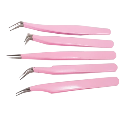 Kit 5 Pinças Rosa Curva Curvada Reta Semicurva 45ºextensão de Cílios Volume Russo Case Rosa