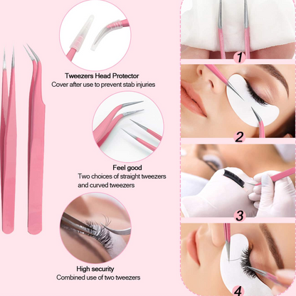 Kit 5 Pinças Rosa Curva Curvada Reta Semicurva 45ºextensão de Cílios Volume Russo Case Rosa