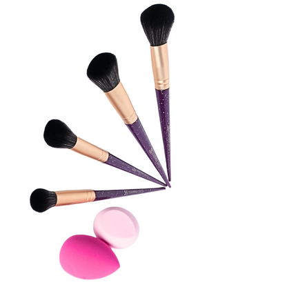 Kit de Pincéis com Esponjas – 6 Peças Roxo Glitter + 2 Esponjas - SP113