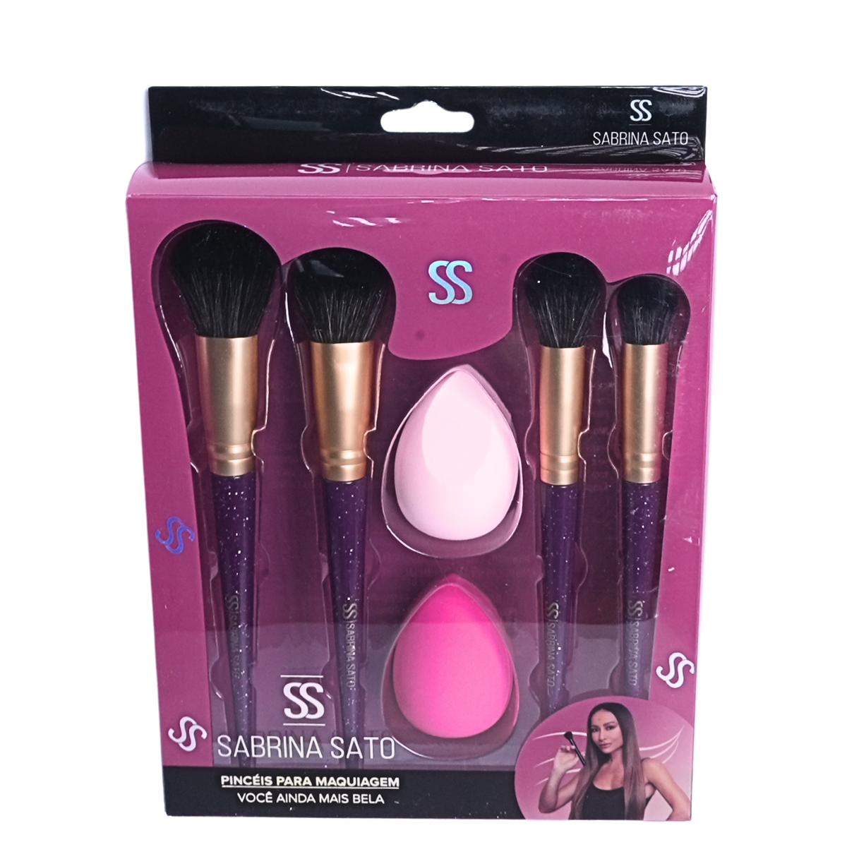 Kit de Pincéis com Esponjas – 6 Peças Roxo Glitter + 2 Esponjas - SP113